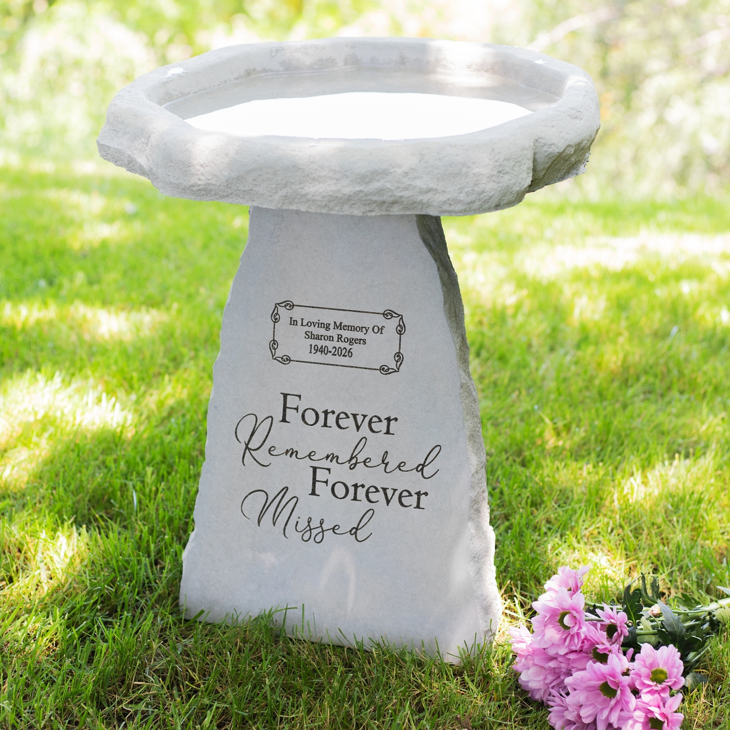 Forever Missed Cast Stone Memorial Bird Bath