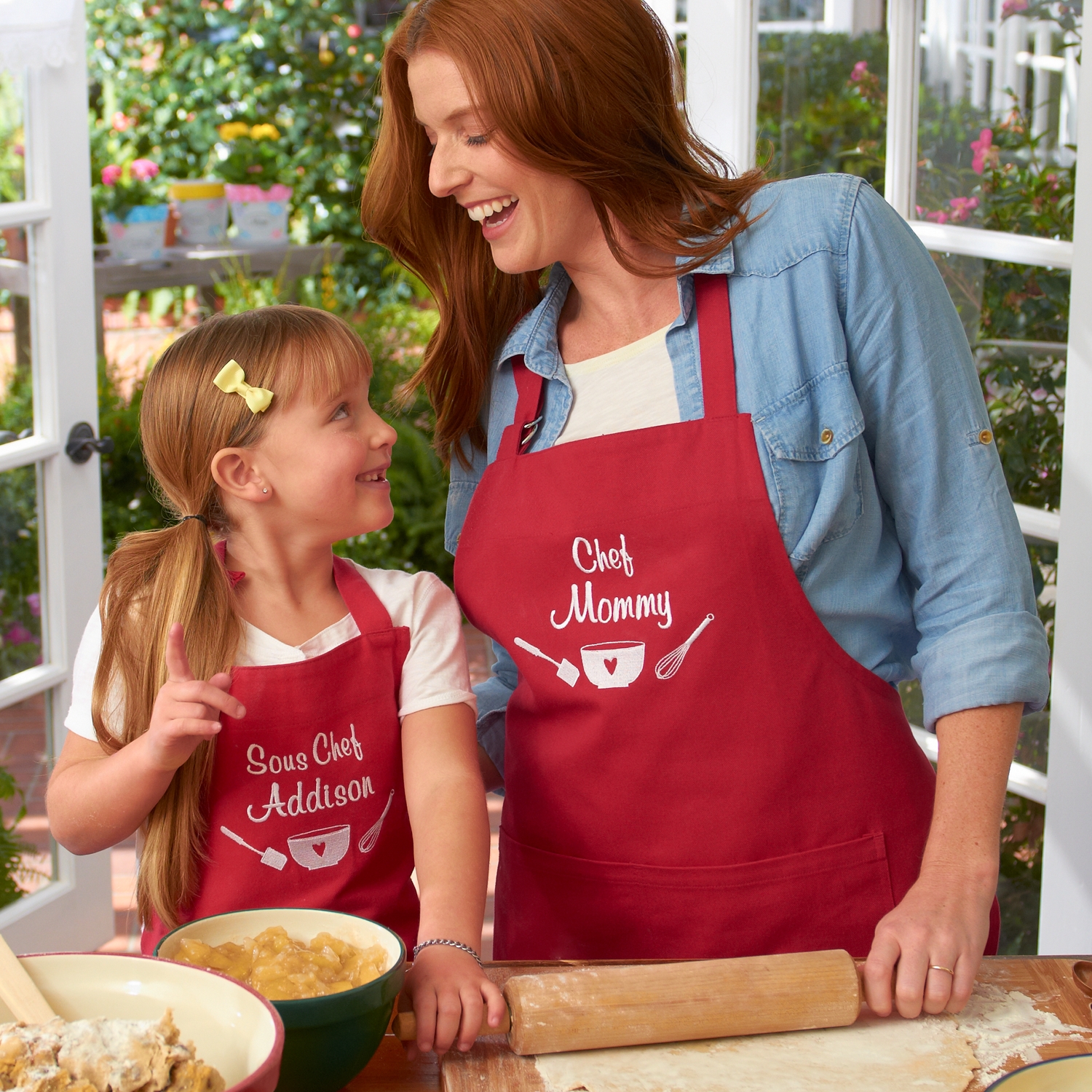 matching cooking aprons