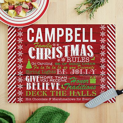 Family Christmas Rules Glass Cutting Board