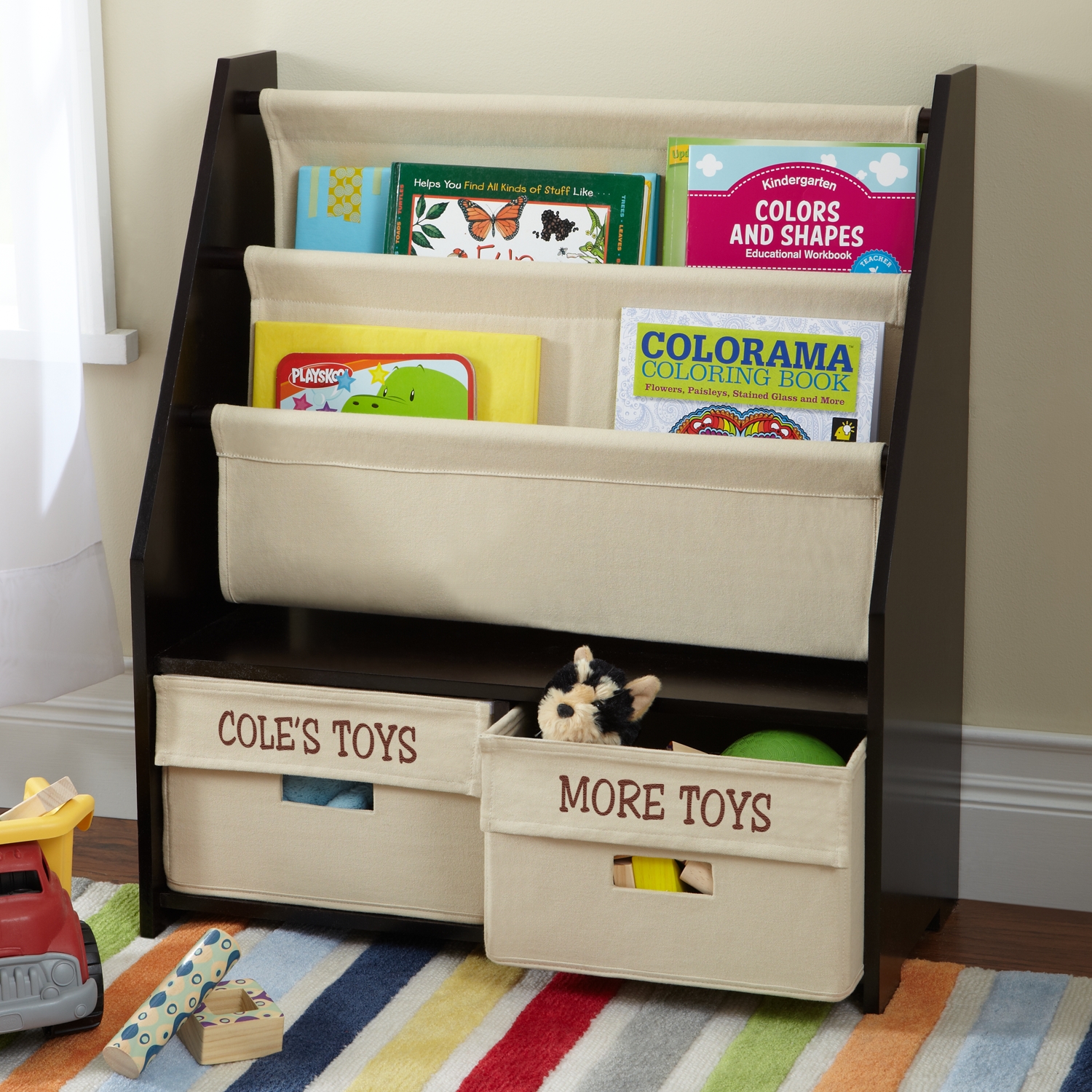 sling bookshelf with storage bins