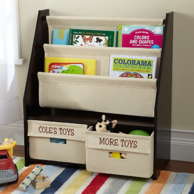 sling bookcase with storage bins