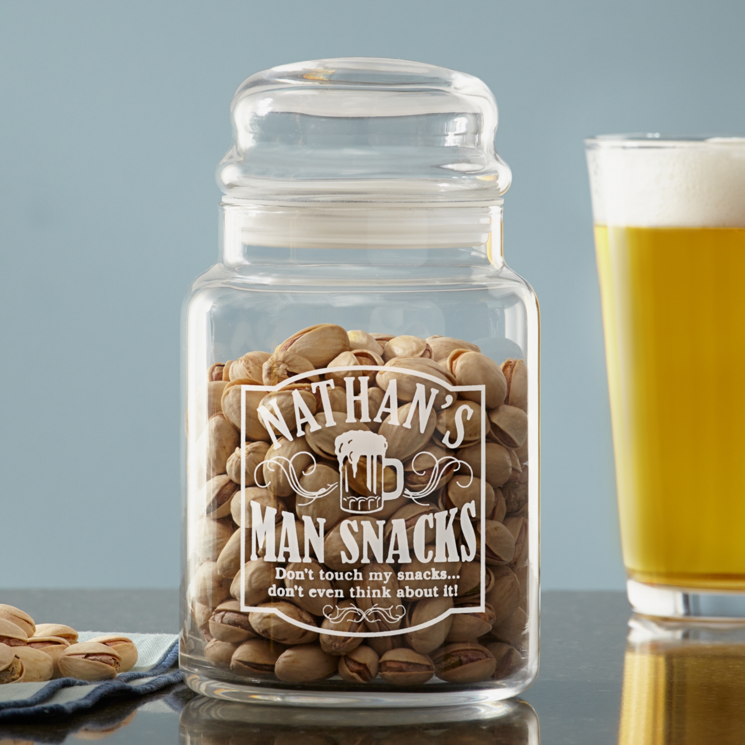 Man Snacks Glass Treat Jar