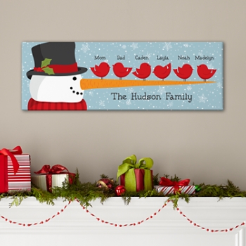 Cheery Snowman Bird Family Canvas