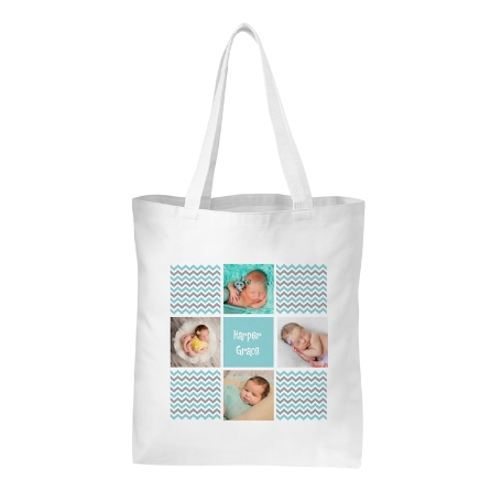 Chevron Photo Message Tote Bag - Teal/Gray