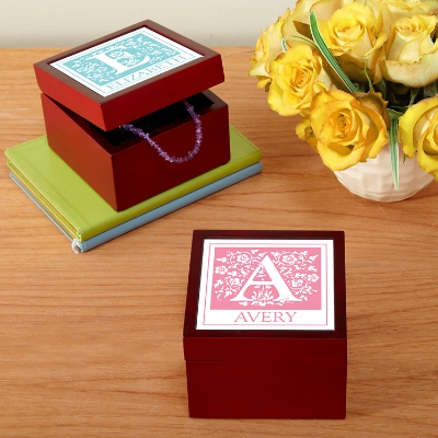 Blossoming Initial Personalized Tile Keepsake Box