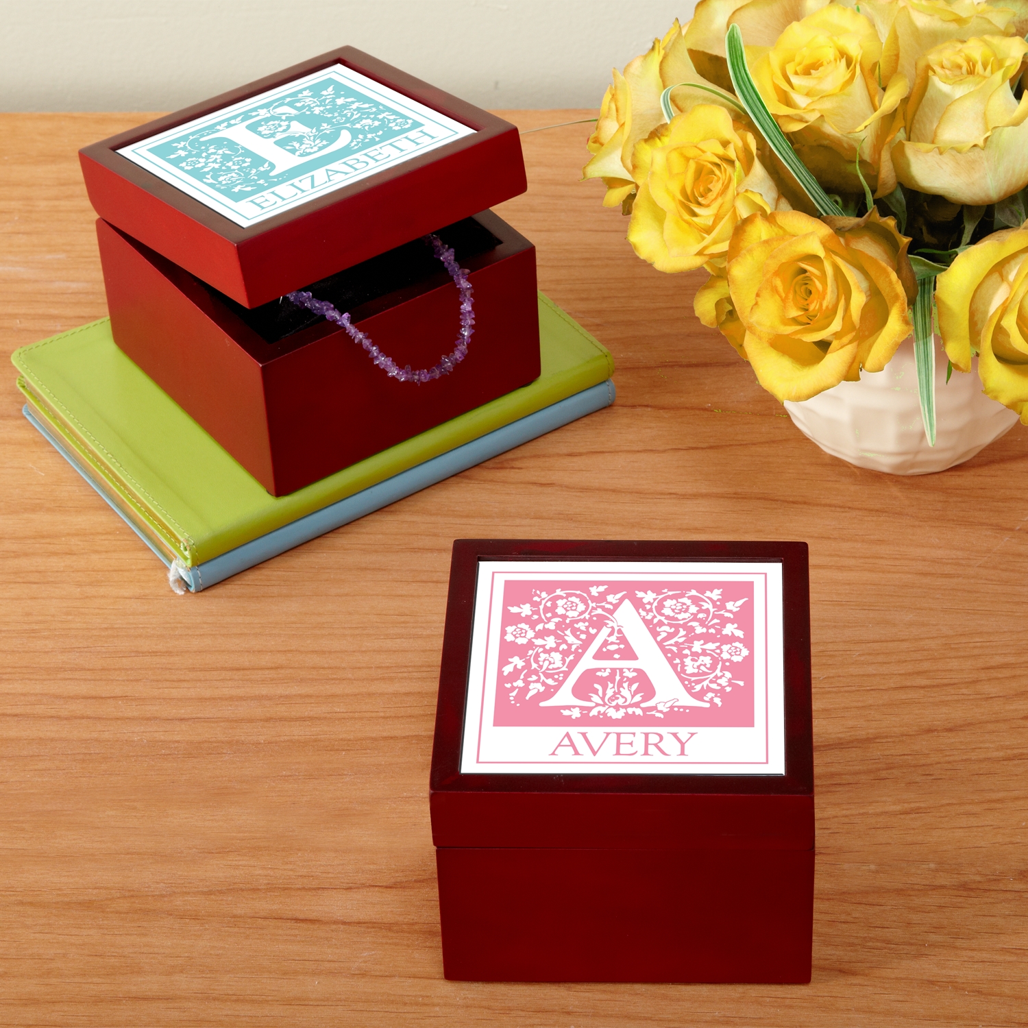 Blossoming Initial Personalized Tile Keepsake Box