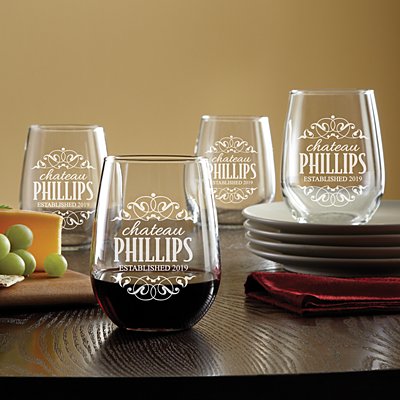 Decorative Label Stemless Wine Glasses - Set of 4