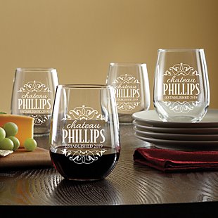 Decorative Label Stemless Wine Glasses - Set of 4