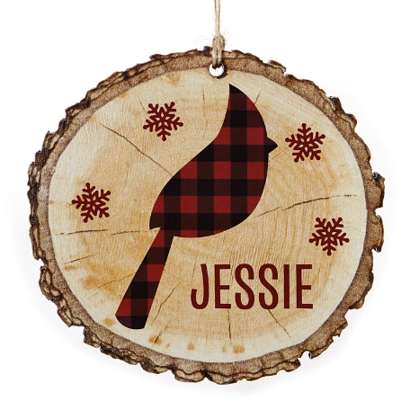 Perfectly Plaid Rustic Wood Round Ornament- Cardinal