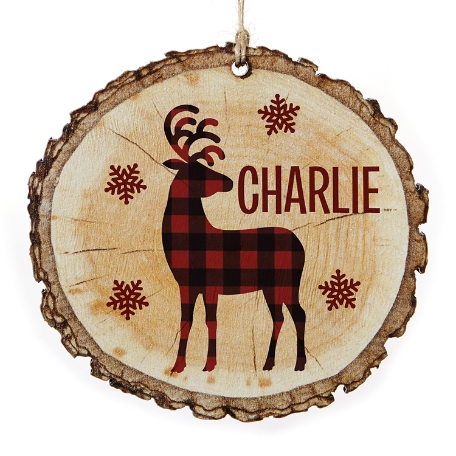 Perfectly Plaid Rustic Wood Round Ornament- Reindeer
