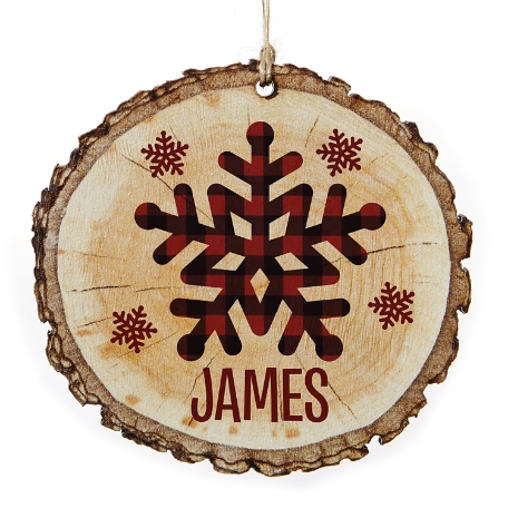 Perfectly Plaid Rustic Wood Round Ornament- Snowflakes
