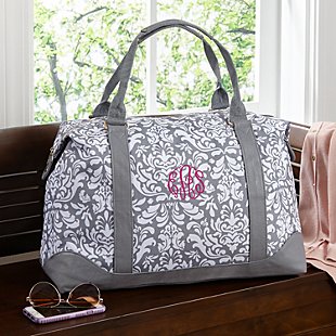 Gray Damask Embroidered Weekender Bag