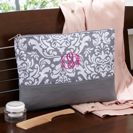 Gray Damask Embroidered Zip Pouch