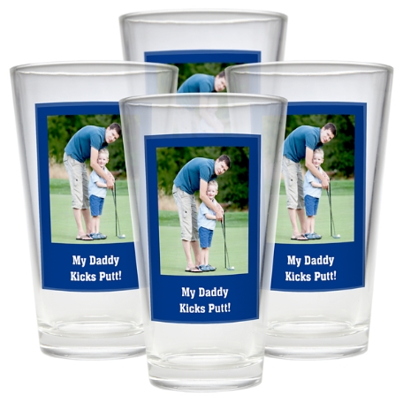 Photo Message Pint Beer Glass - Set of 4 - Single Photo - Blue