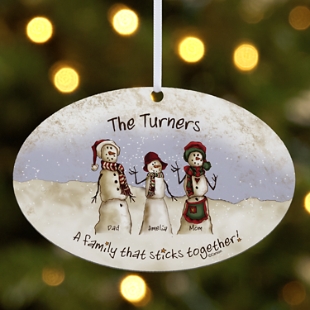 Snowman Stick Family Oval Bauble