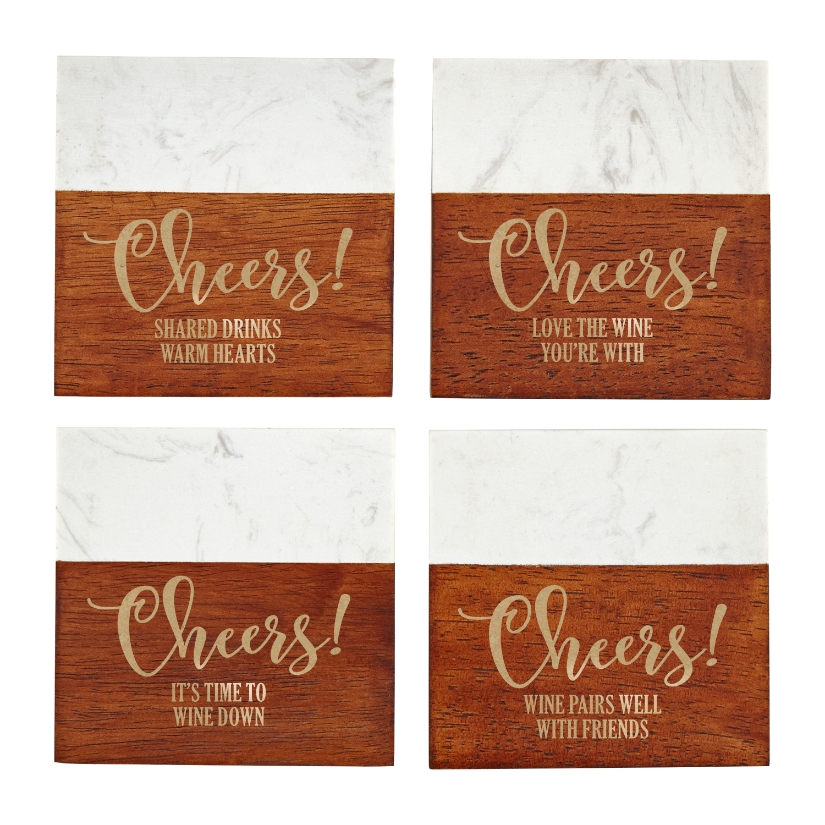 Cheers! Marble Wood Coasters - Multiple Messages at Gifts.com
