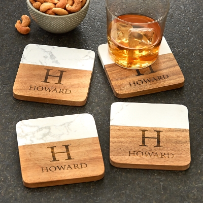 Round Personalized Coasters With Holder. Newlywed Gift. Engraved Round –  Obsidian Home Creations