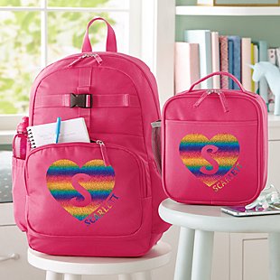 Rainbow Glitter Heart Initial & Name Pink Backpack Collection