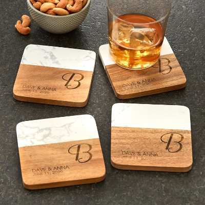 Elegant Marble and Wood Personalized Coasters with Initial