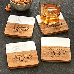 Eat, Drink & Be Married Marble & Wood Coasters