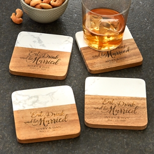 Eat, Drink & Be Married Marble Wood Coasters