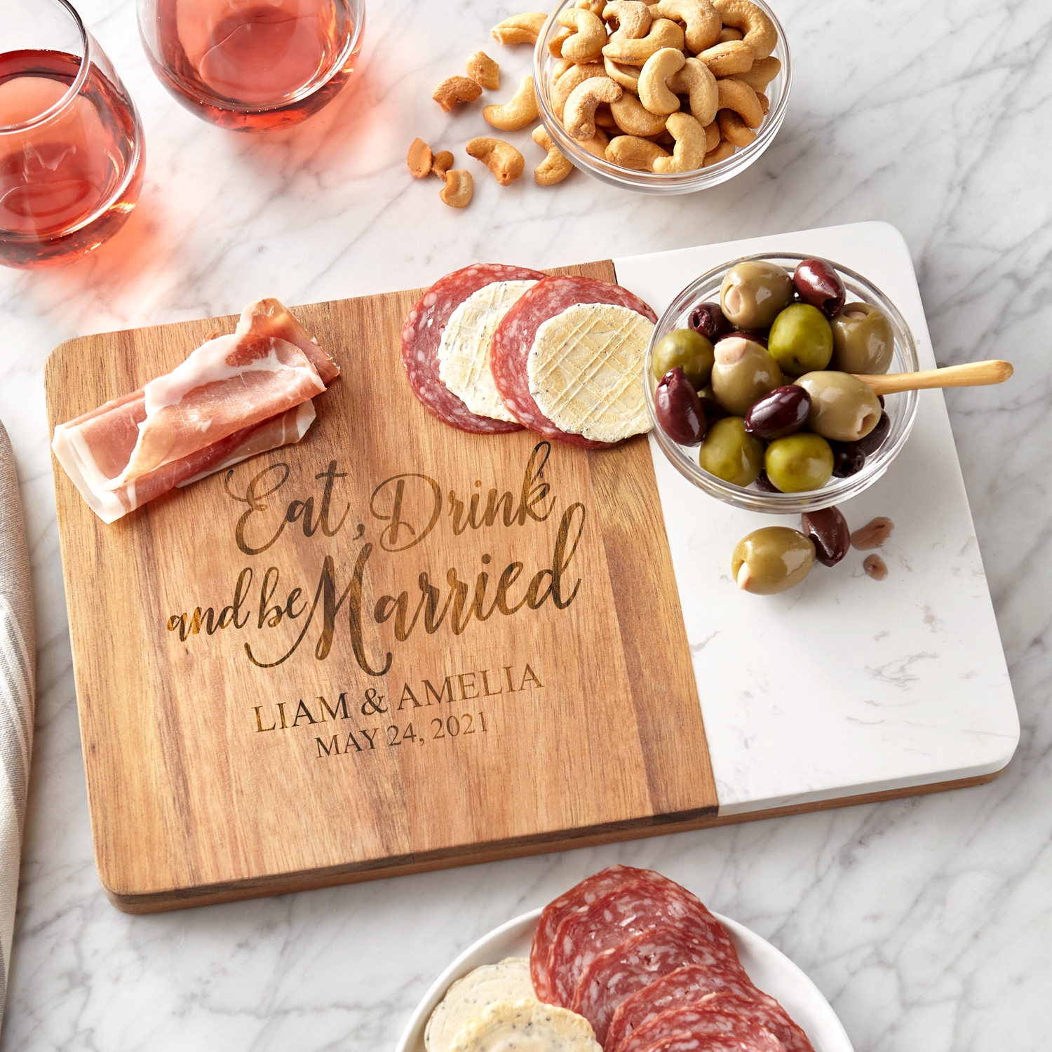 Eat, Drink & Be Married Marble Wood Server