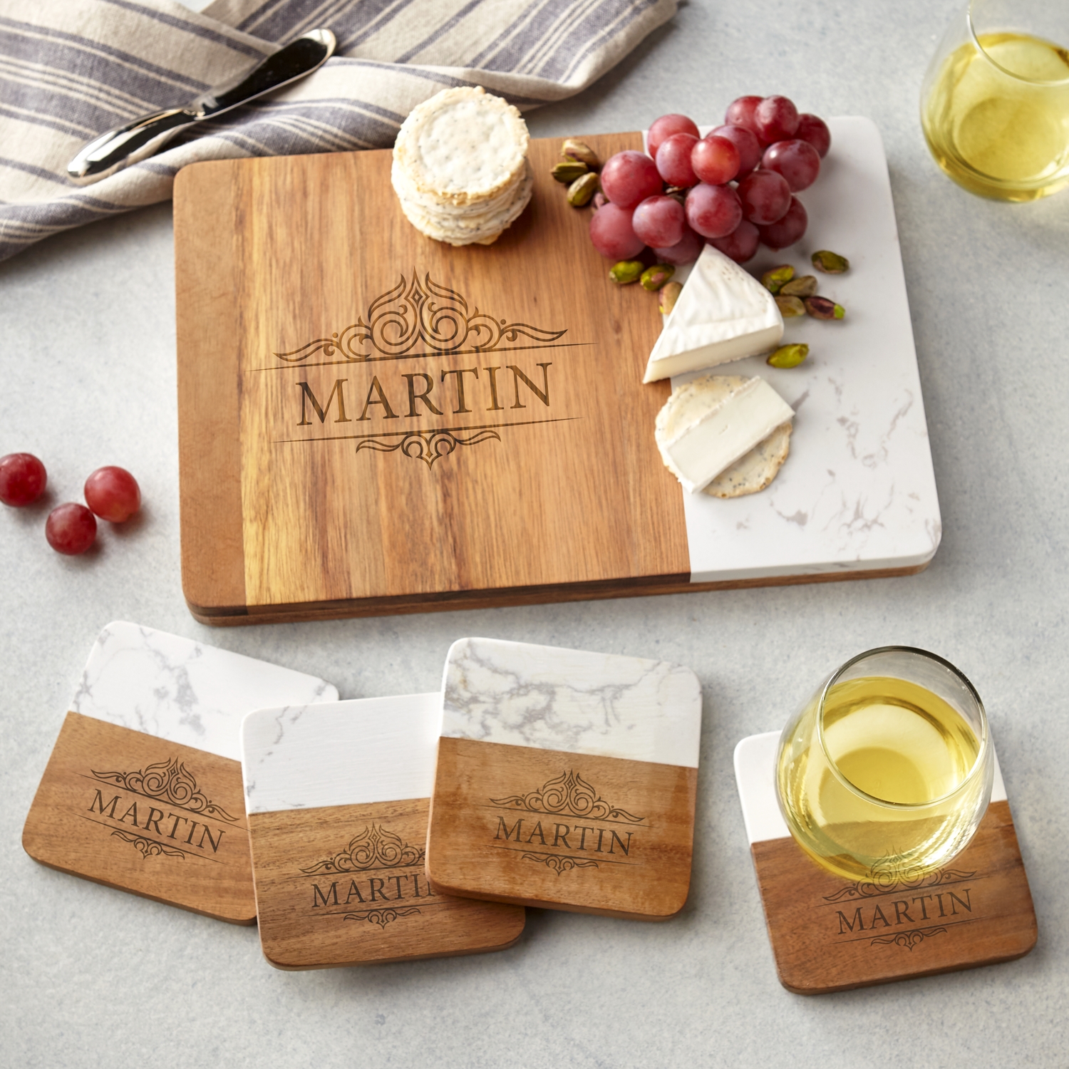 Wood and Marble Entertaining Personalized 5pc Set