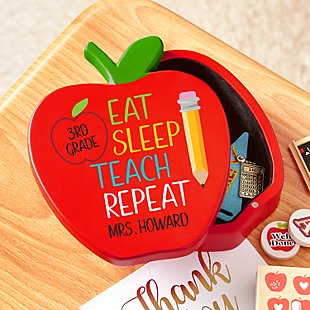 Eat, Sleep, Teach Wooden Apple Keepsake Box