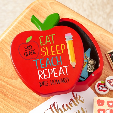 Eat, Sleep, Teach Wooden Apple Keepsake Box