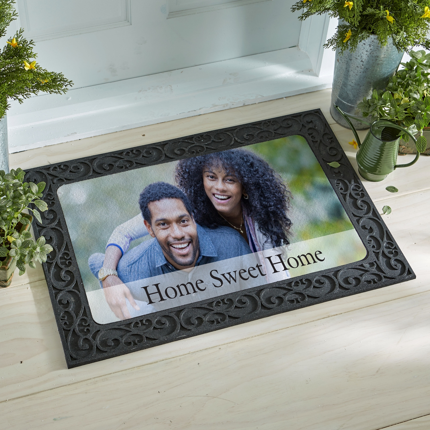 Home Sweet Home Welcome Mat At Custom Front Door of House., Stock image