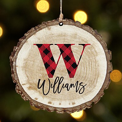 Buffalo Plaid Initial and Name Rustic Wood Round Ornament