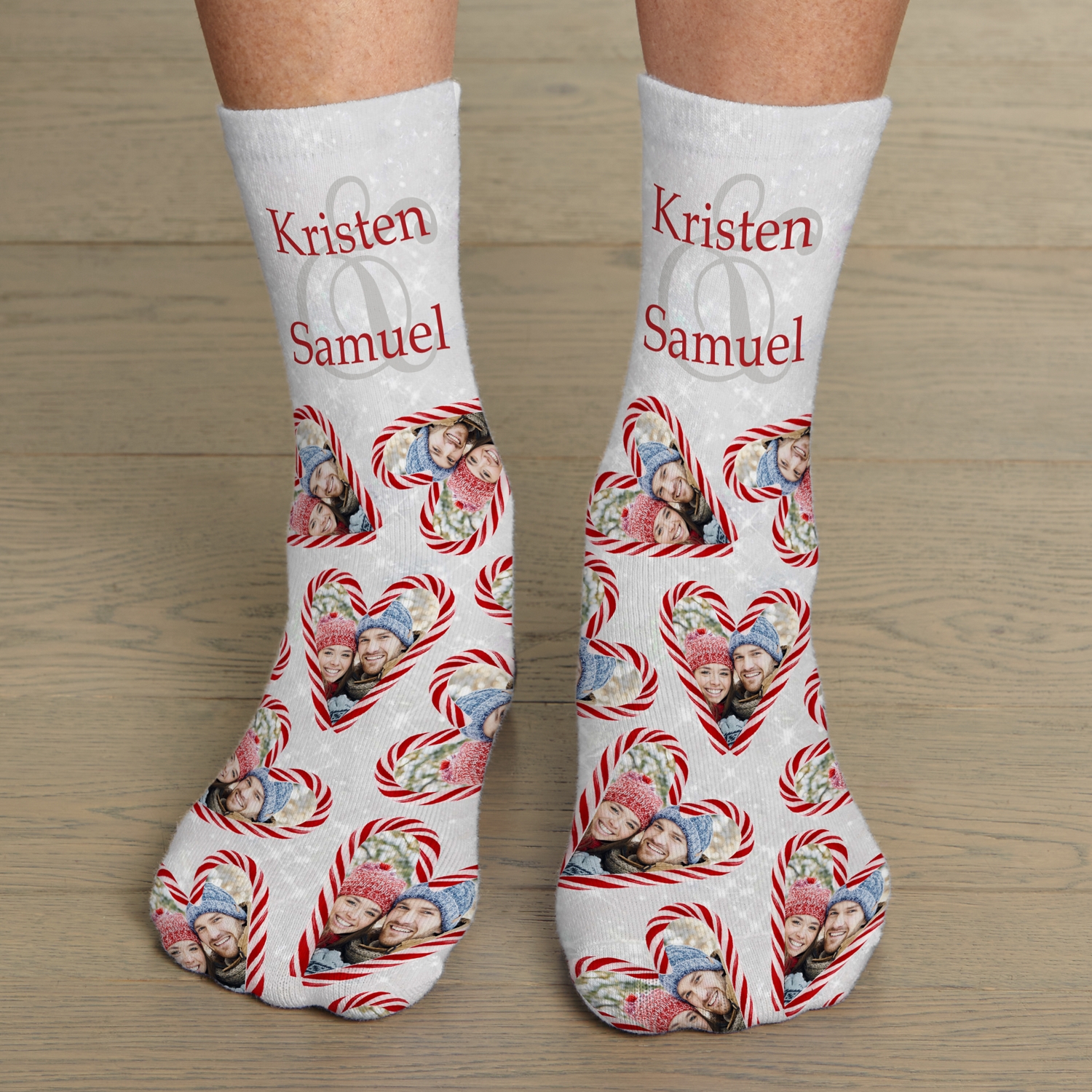 Candy Cane Hearts Photo Socks