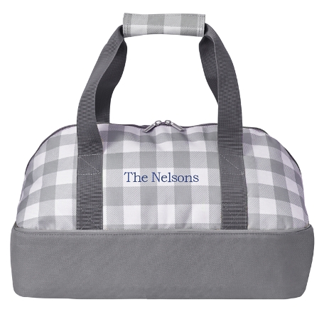 Any Message Embroidered Casserole Carrier- Gray Plaid + Navy Font