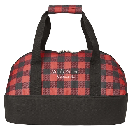 Any Message Embroidered Casserole Carrier - Red Plaid + White Font