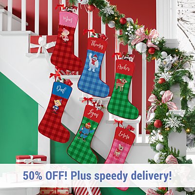 Rudolph® Scallop Plaid Character Stockings