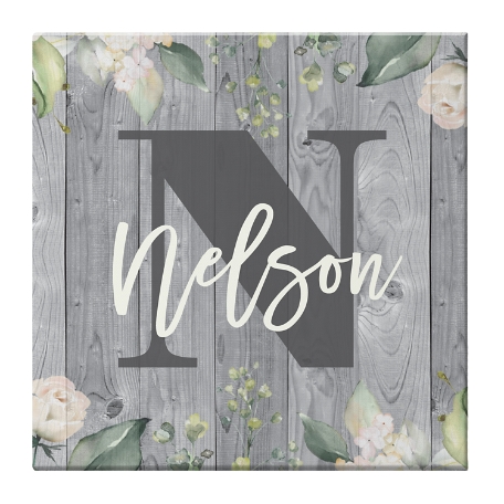 Barnwood Floral Name Canvas - 16x16