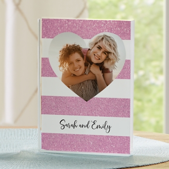 Shimmer Stripe Photo Heart Glass Block