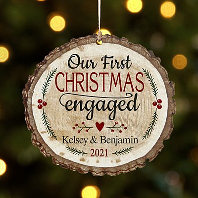We're Engaged Rustic Wood Round Ornament