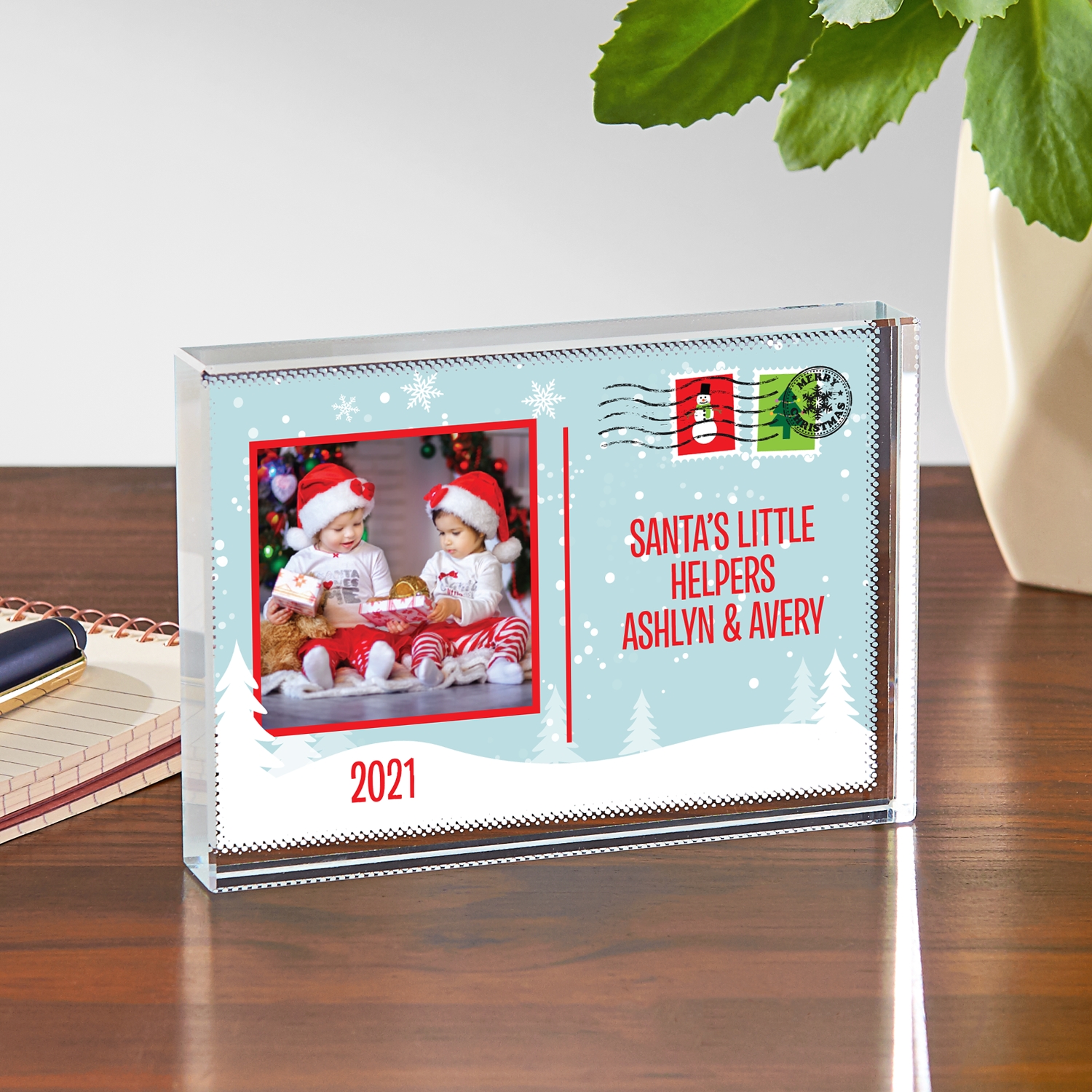 Holiday Greetings Photo Postcard Glass Block