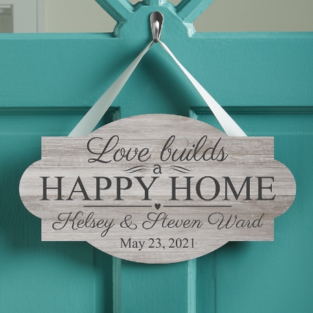 Love Builds a Happy Home Hanging Wood Sign
