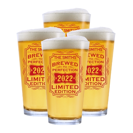 Brewed To Perfection Pint Glass - Set of 4 - Red
