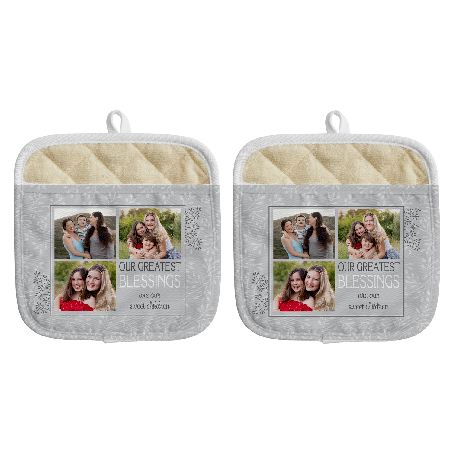 Create Your Own Photo Pot Holder - Any Message - Gray - Set of 2