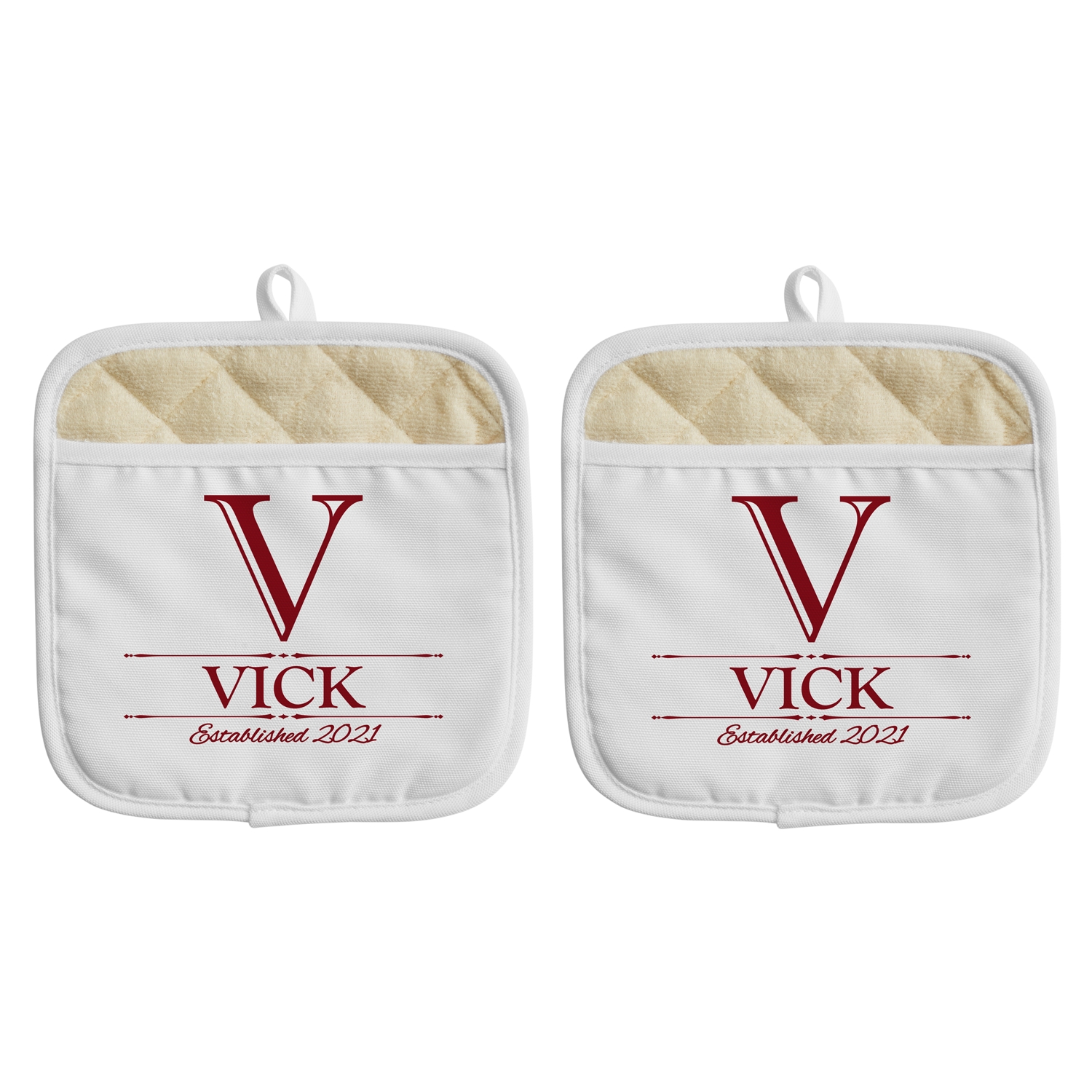 Decorative Name Pot Holder - Set of 2 - Monogram & Name - Burgundy