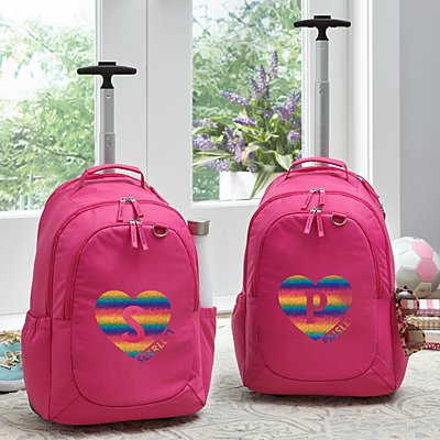 Rainbow Glitter Heart Initial & Name Pink Rolling Backpack