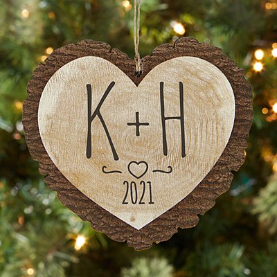 Carved Initials Rustic  Wooden Heart Bauble