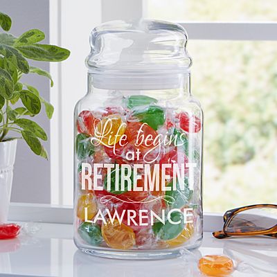 Life Begins At Retirement Glass Candy Jar