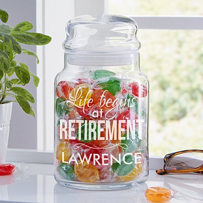 Life Begins At Retirement Glass Candy Jar