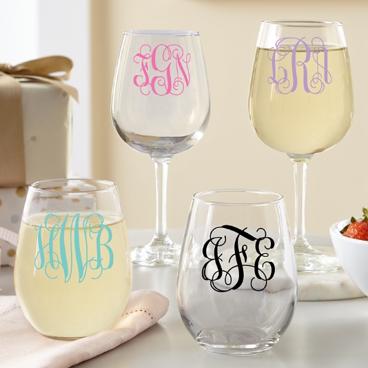 Set of 4 | Stemless Wine Glasses with Hand Cut Monogram, 21 oz