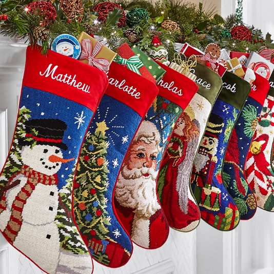 Needlepoint Personalized Christmas Stocking: Santa & Reindeers