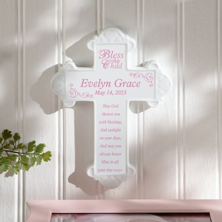 Bless This Child Ceramic Cross-Pink